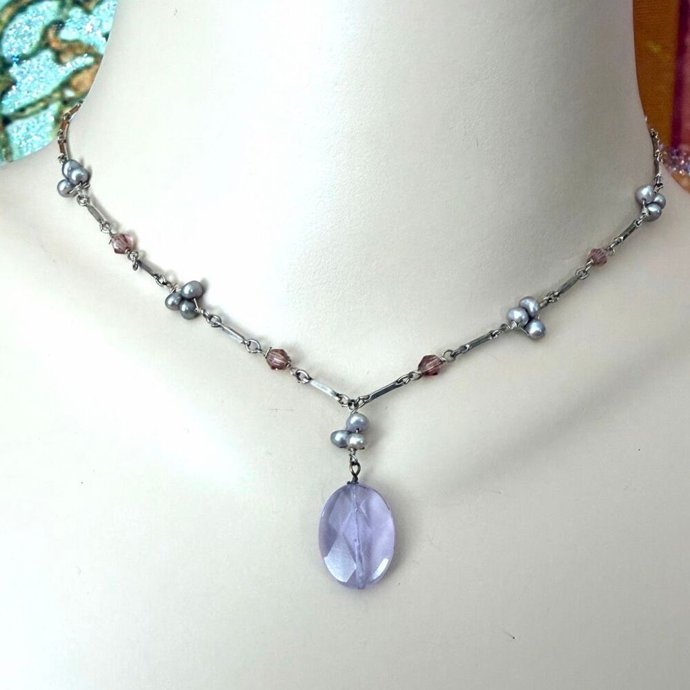Lavender Faceted Pendant Necklace Gray Pearl Clusters Pink Beads